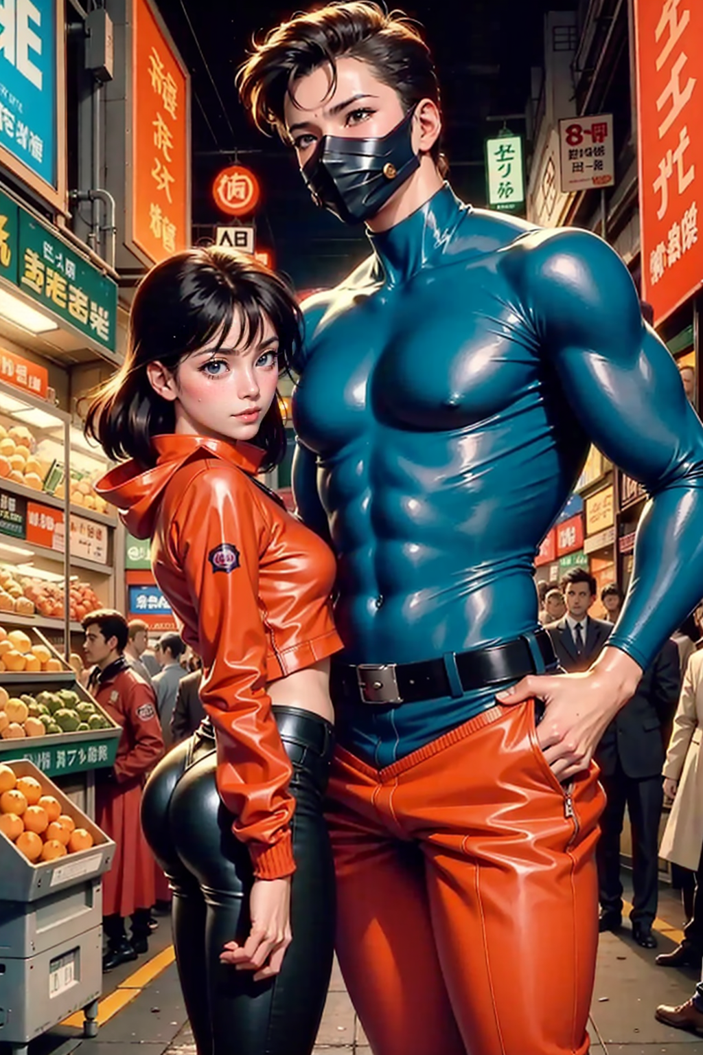 01942-3767874398-Vintage 90's anime style environmental wide shot of a chaotic crowded underground market at night; a woman wearing an orange jac.png